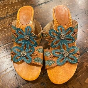 L'ARTISTE Carlina Brown & Blue Florals Leather Heeled Sandals EU 38/US 7.5